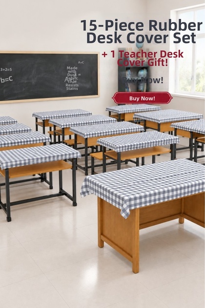 15 Pieces School Desk Cover Elastic Tablecloth Stain-Resistant Fabric Gray Gingham Duck