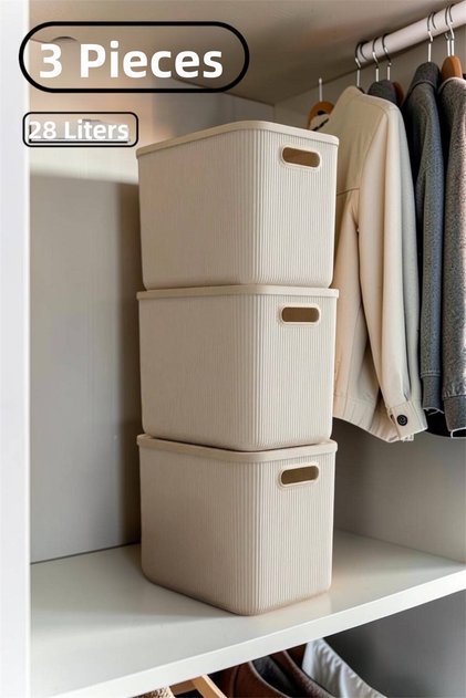 Colors Cream 28 Lt 3 Pieces Closet Organizer Toy Box Storage Box with Lid