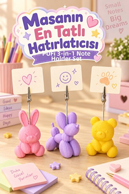 Pufi 3-Piece Desktop Note Holder Set | Gift Note Holder with Metal Clip and Rabbit, Dog, and Teddy Bear Figures