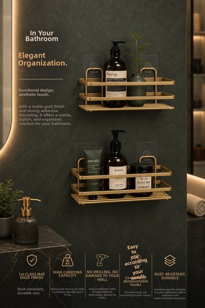 Stainless Steel Double Adhesive Bathroom Organizer Shower Shelf, Premium Gold Shampoo Holder Organizer