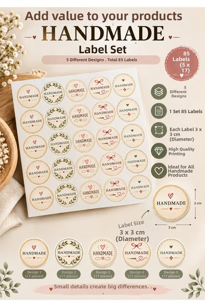 Handmade Printed Sticker Label 5 Different Designs 85 Pieces - 3X3 cm