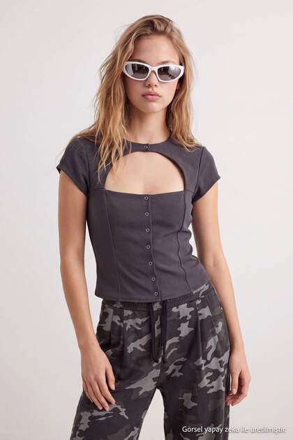 Antrasit Düz Fitted/Vücuda Oturan Penecere Detaylı Örme Bluz TWOAW27BZ00301