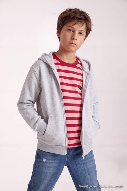 Gri Melanj Erkek Çocuk Düz Örme Kapüşonlu Sweatshirt TKDAW27SW00021