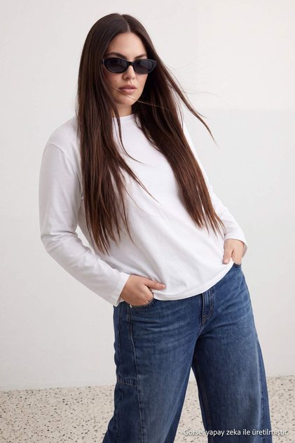 White 100% Thick Cotton Basic Crew Neck Oversize/Wide Fit Knitted T-Shirt Tbbaw27Bf00003