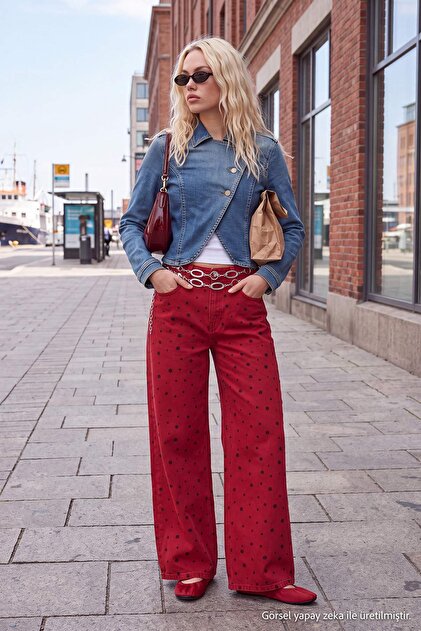 Kırmızı Puantiye Desenli Yüksek Bel Wide Leg Jeans TWOAW27JE00347