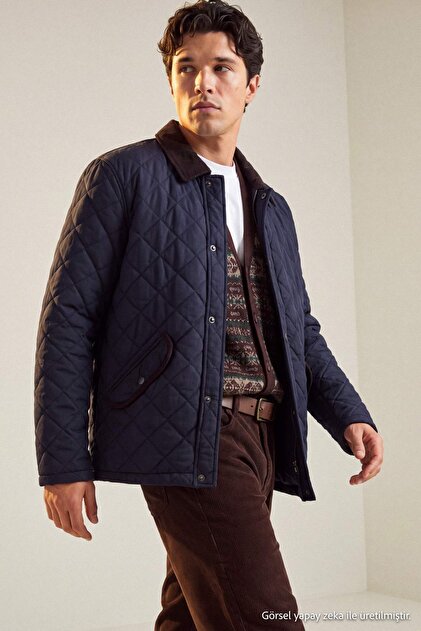 Dark Navy Blue Velvet Collared Pocketed Lined Slit Regular Fit Seasonal Men's Coat Tmnaw27Mo00006