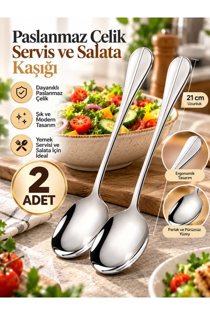 2Pcs 21cm Stainless Steel Luxury Serving and Salad Spoon – Durable Steel Food Serving Spatula