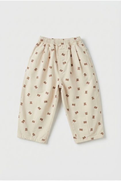 Ayıcık Desenli Bej %100 Pamuklu Lastikli Balon Pantolon – Unisex
