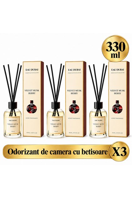 Set 3x Difuzoare cu Parfum Aromatic pentru Camera, EAU DUBAI, Velvet Musk Berry, 330 ml