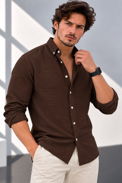 Men's Brown Oversized Textured Aerobin Linen Look Shirt