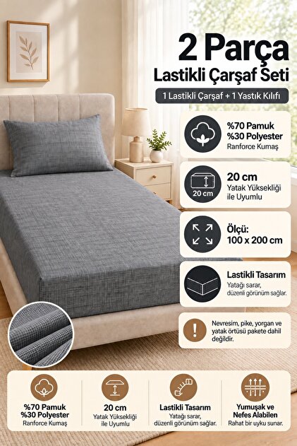 Ranforce Polikoton Tek Kişilik Lastikli Çarşaf Seti 2 Parça Yüksek Yatak 100x200x30 Gri