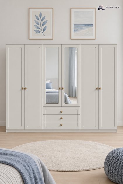 Selge Aynalı Gardırop 6 Kapılı Elbise Dolabı Raflı Askılıklı - %100 MDF - 230 cm - Aytaşı