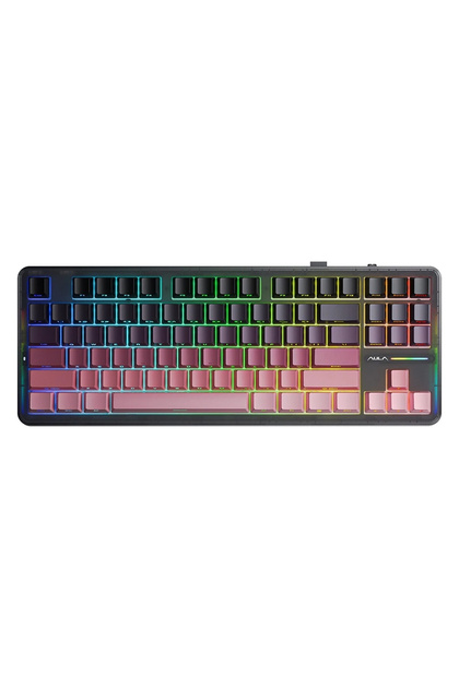 F87 PRO Mekanik RGB TKL GrayWood V4 Switch Kablosuz Makrolu Hot Swap Klavye Gradyan Pembe