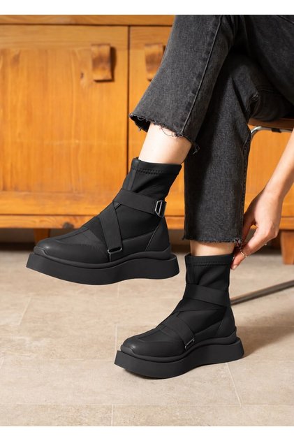 Adrinal Black Stretch Belt Detail Flat Sole Women's Sport Boots