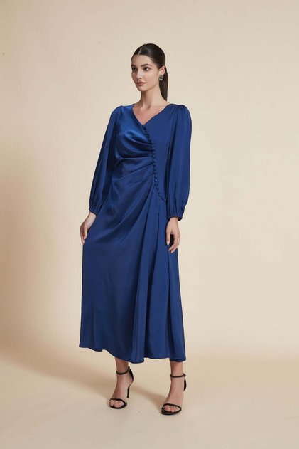 Plain V-Neck Long Sleeve Ruffled Midi Dress