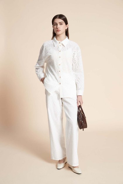 Long patterned perforated wide trousers