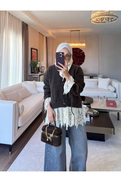 Women's Skirt and French Lace Detailed Soft Knitwear Cardigan with Tie Sleeves Loose Knit Cardigan Brown