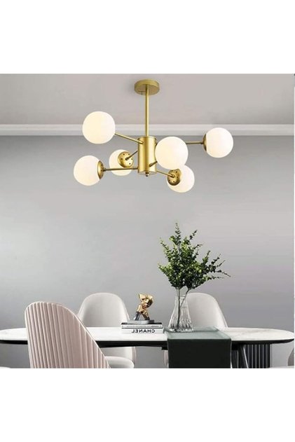 Candelabru modern cu 6 lumini, cu globuri albe mate, E27, 70 x 15 x 48 cm