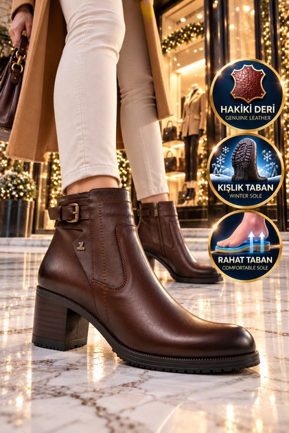 1779011K Genuine Leather Brown Women's Boots with Fleece Inside