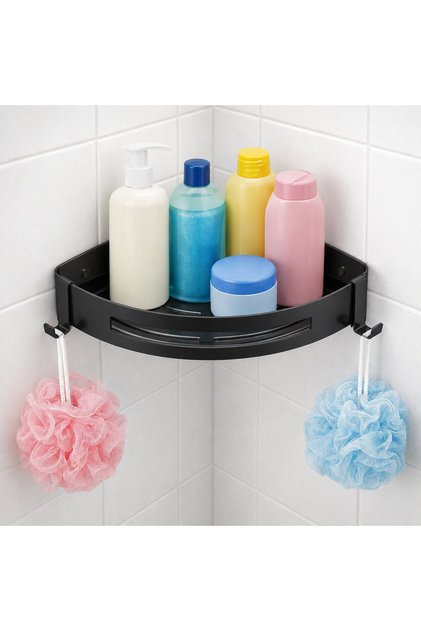 Banyo Köşe Rafı 304 Paslanmaz Çelik Şampuanlık Yapışkanlı veya Vidalı 23x23 cm Siyah KBK100-B