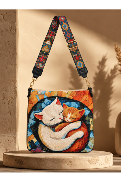 Tapestry Shoulder Bag Cat Pattern Authentic Weaving