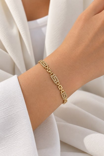 Kadın Bileklik Kararmaz 14k Altın Renk Vip Seri İthal Zirkon Taş Antik Desen Bileklik