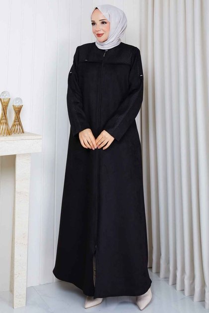Leopar Şerit Detaylı Süet Kaban 828 -Siyah