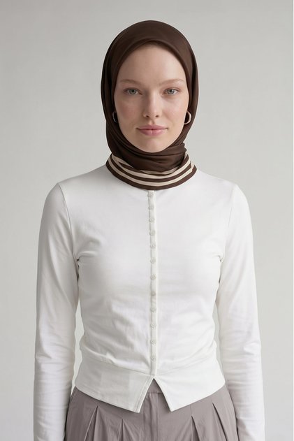 Üç Çizgi Detaylı Twill İpek Eşarp Acı Kahve