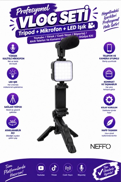 Profesyonel Vlog Seti – Tripod + Mikrofon + LED Işık 🎥 | Youtube / Tiktok / Canlı Yayın / Röportaj / Akıllı Telefon Ve Kamera Uyumlu Video Stüdyo Kiti