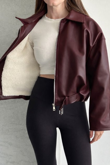 Women's Burgundy Plush Lined Faux Leather Jacket Belt Detailed Fur O Oversized Short Coat