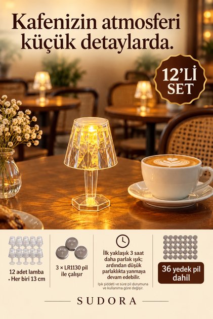 12’li Mini LED Masa Lambası Seti 13 cm Pilli Kafe Restoran Dekoru + Yedek Pillidir