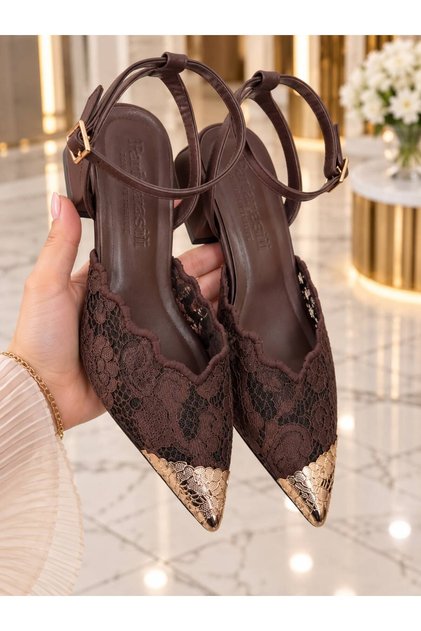 Laura Women's Bitter Brown Lace Detailed Metal Pointed Toe Ankle Buckle 2.5cm Heeled Evening Dress Shoes
