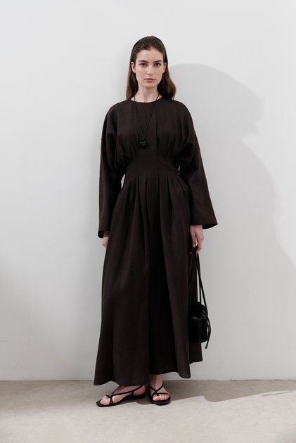 Linen Pile Detail Dress Bitter Brown