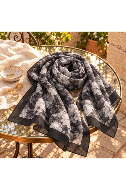 Flr-5025 Black Abstract Floral Pattern Bamboo Long Shawl