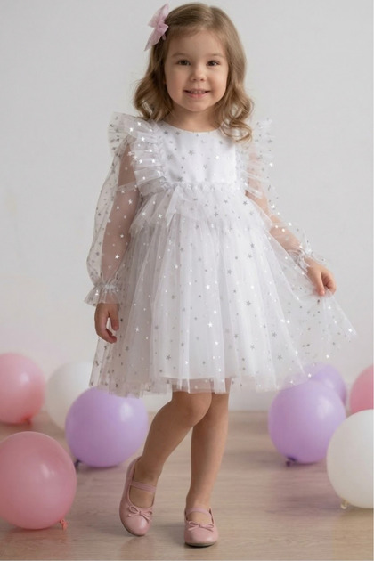 White Long Tulle Sleeves Star Patterned Ruffled Sleeves Girls' Baby Girl Dress