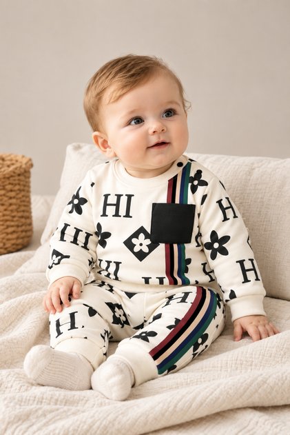 Baby Boy 100% Cotton 3-18 Months White Color Italiano Bottom and Top Set