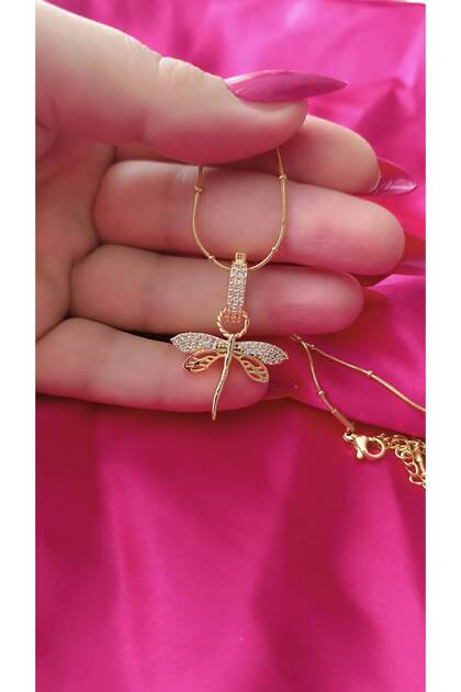 316L Steel Zircon Stone Dragonfly Figured Gold Color Women's Necklace – Stylish and Elegant Design