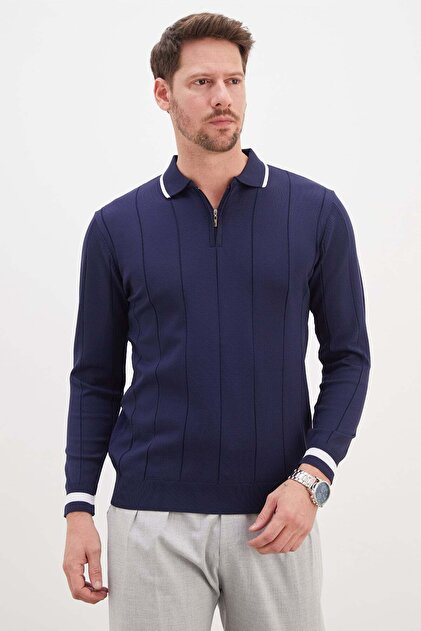 Half-Zip Striped Polo Collar Knit Sweater
