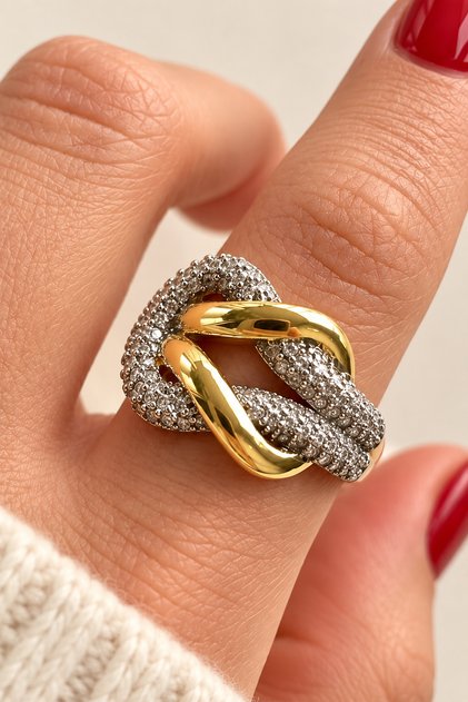 Çift Renk Seri Zirkon Taşlı Düğüm Tasarım Gold Silver Ayarlanabilir Kadın Çelik Yüzük Kararmaz