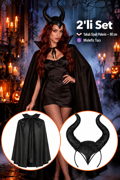 Halloween Siyah Pelerin Malefiz Boynuz Taç Set, Cadılar Bayramı Maleficent Kostüm Yetişkin Ve Çoçuk