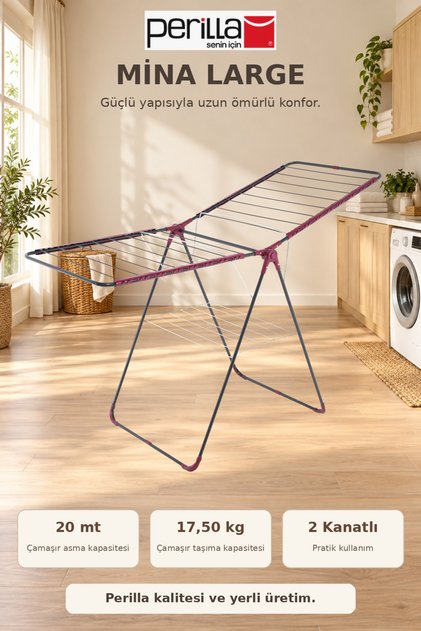 MİNA LARGE Gri – Bordo Detaylı Çamaşır Kurutmalığı K17019 – Geniş 2 Kanatlı Katlanabilir 20 mt.