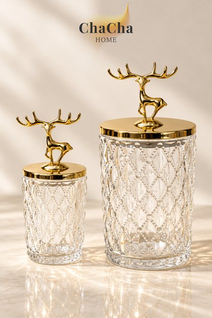 Luxury | Lusso | 2'li Geyik Figür Kapaklı Kristal Cam Şekerlik, Saklama Kabı, Kavanoz