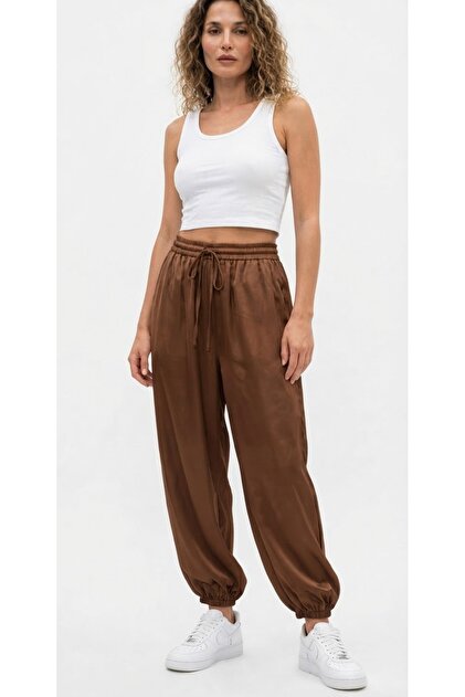 Women's Shalwar Cut Satin Trousers with Elastic Cords at the Legs and Waist