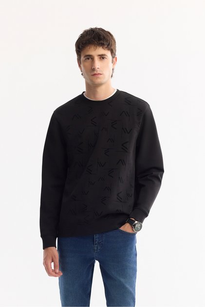 Men's Black Crew Neck Cotton Bi-Stretch Printed Regular Fit Sweatshirt A52Y1208