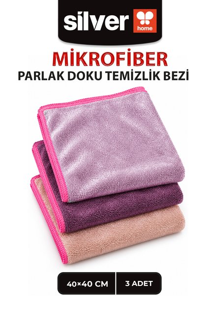 Luxury 3’lü Parlak Dokulu Universal Mikrofiber Temizlik Bezi 40x40 cm İz Bırakmaz Lila Pembe Mor
