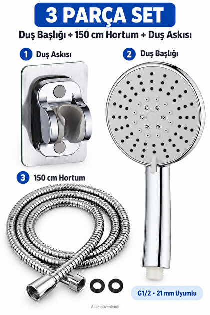 Venüs 5 Fonksiyon Duş Başlığı + Spiral Çelik örgülü Duş Hortumu + Yapışkanlı Mafsal