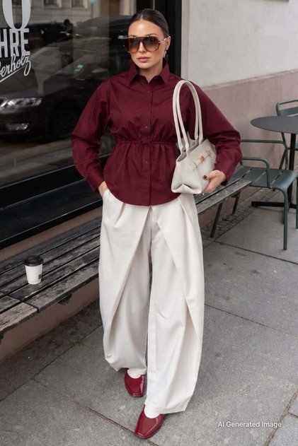 Burgundy Waist-Tied Oversize Pocketed Shirt Mg2798
