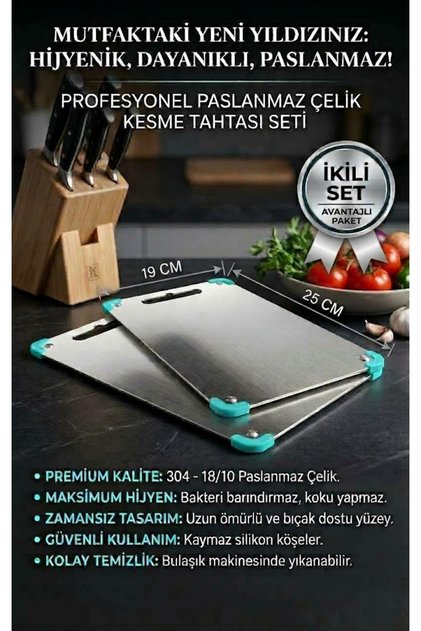 Home 2 Adet (Küçük Boy)Paslanmaz Çelik Kesme Tahtası (Gömme AYAKLI)(304 Kalite) -®- Antibakteriyel