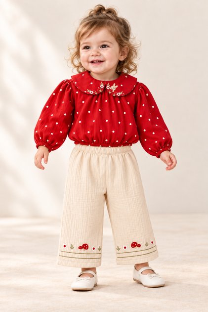 Baby Girl Red Polka Dot Rabbit Embroidered 2-Piece Set