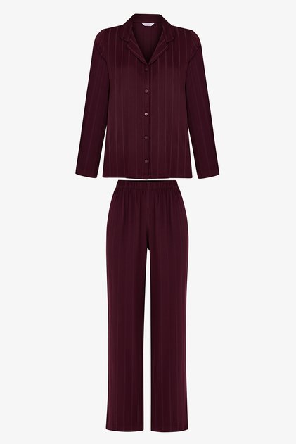 Bordo Maroon Saten Çizgili Uzun Kollu Gömlek Pantolon Pijama Takımı